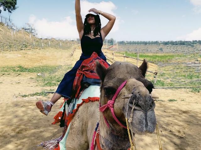 Woman posing on a decorated seated camel during a camel ride at Rangmanch Farms, an outdoor day outing venue in Gurugram near Delhi