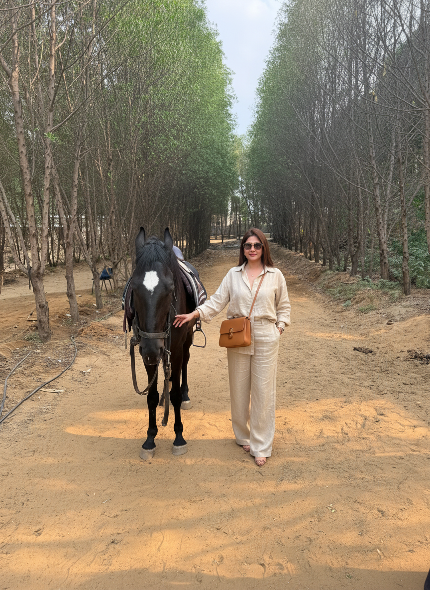 Woman standing beside a saddled black horse on a sandy tree-lined path during a day outing at Rangmanch Farms in Gurugram, near Delhi