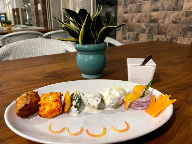 Assorted kebab starters plated with onion and carrot garnish on a wooden table, from the dining setup at Rangmanch Farms in Gurugram near Delhi