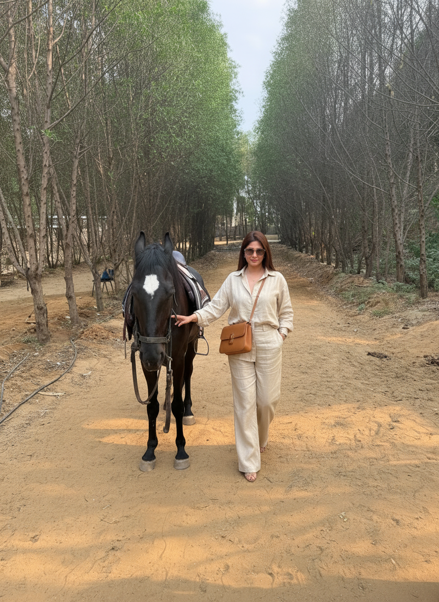 Woman standing with a saddled black horse on a tree-lined dirt trail during a day outing at Rangmanch Farms, an outdoor venue in Gurugram near Delhi