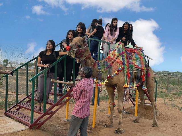 Guests boarding a decorated camel from a raised platform during a day outing at Rangmanch Farms, an outdoor venue in Gurugram near Delhi