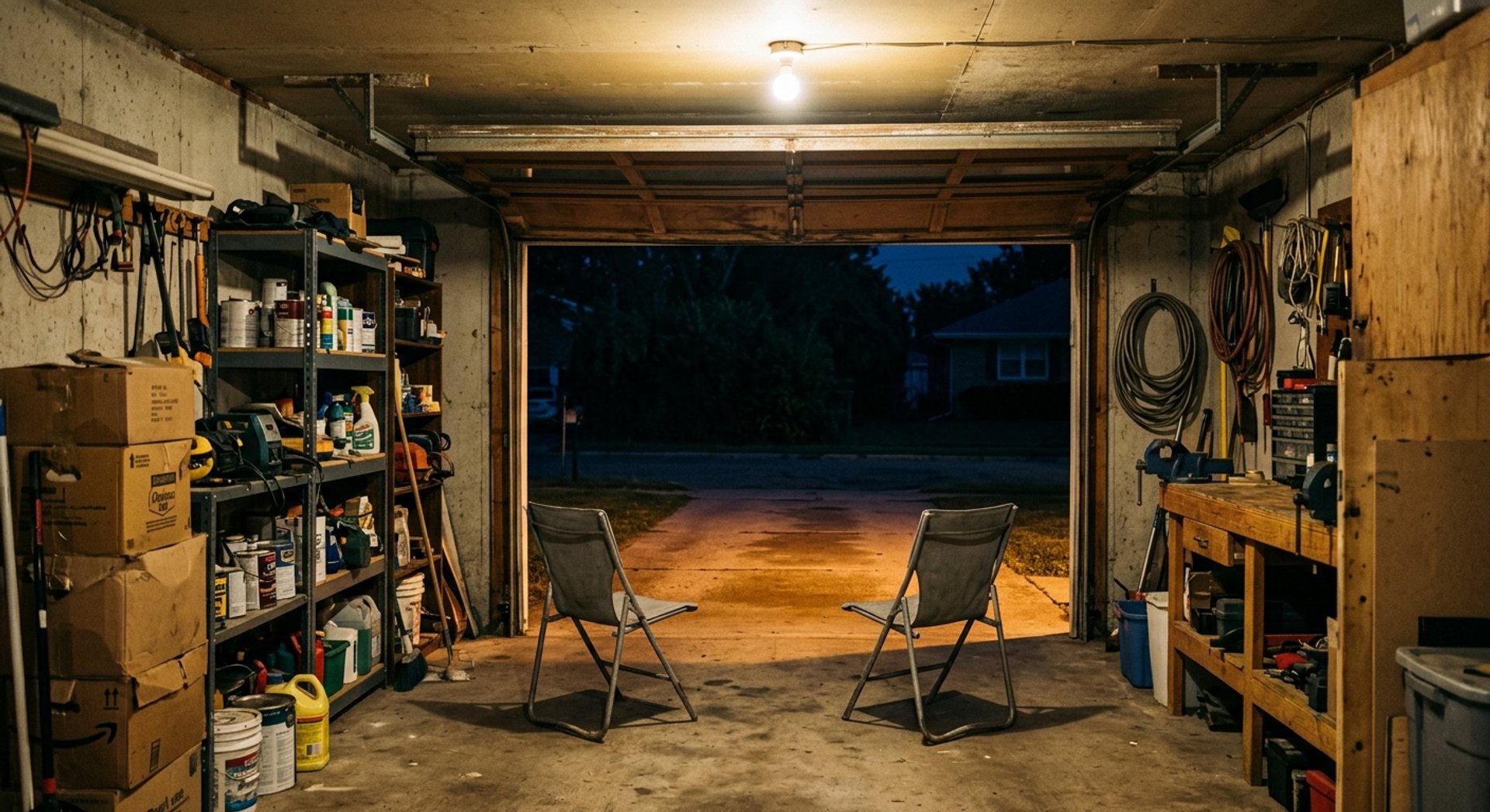The garage in Barrie where ImpulsTrip started, lit at night