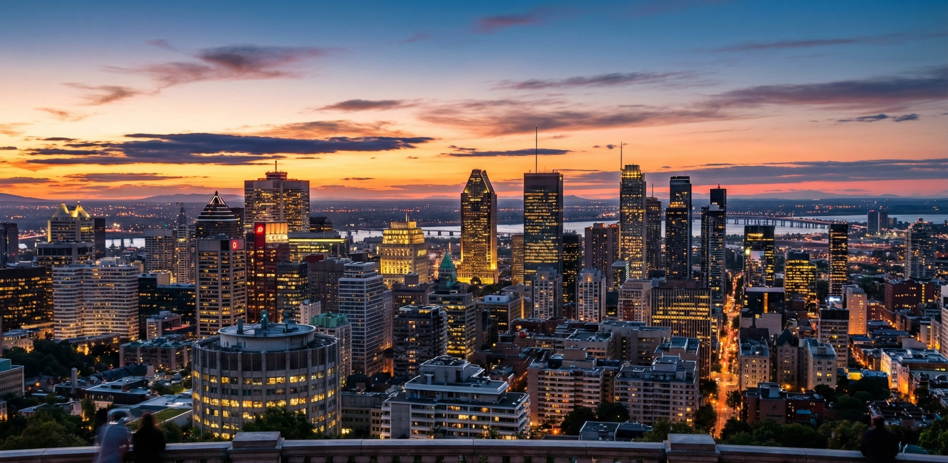 Montreal skyline at sunset seen from Mount Royal with downtown buildings glowing.