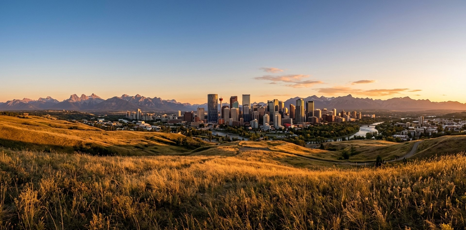 Calgary skyline at sunset seen across the Bow River with the Rocky Mountains in the distance