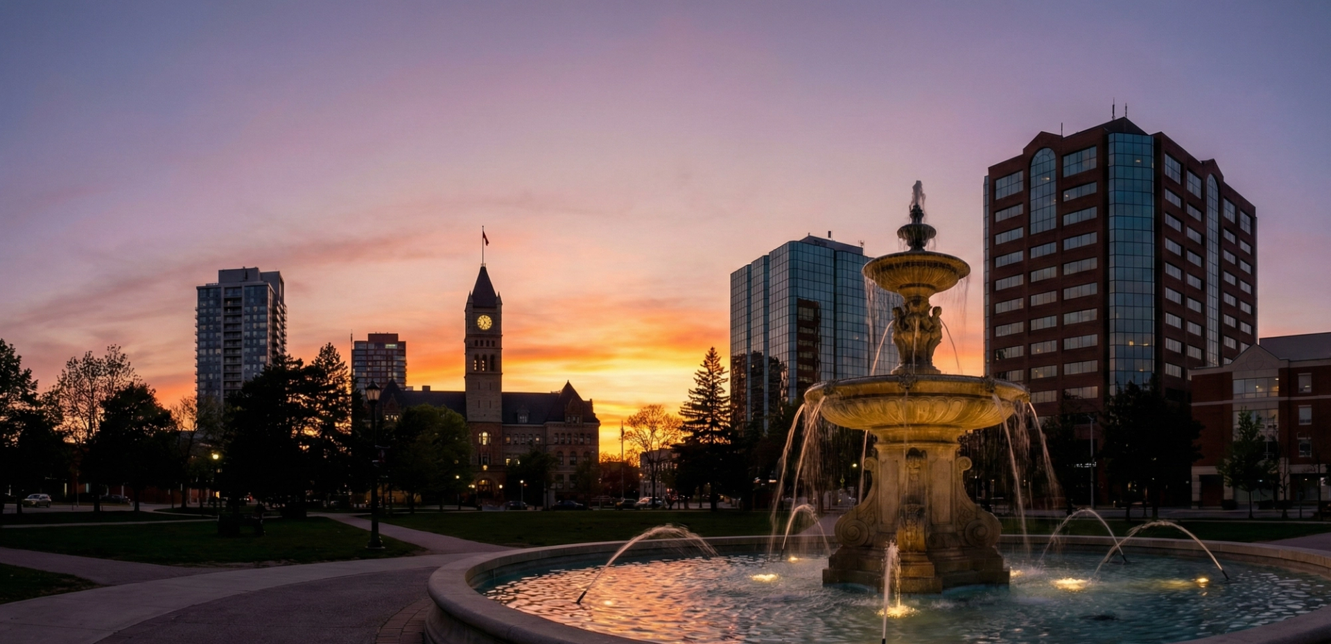 Downtown Brampton with Gage Park fountain at sunset in Ontario