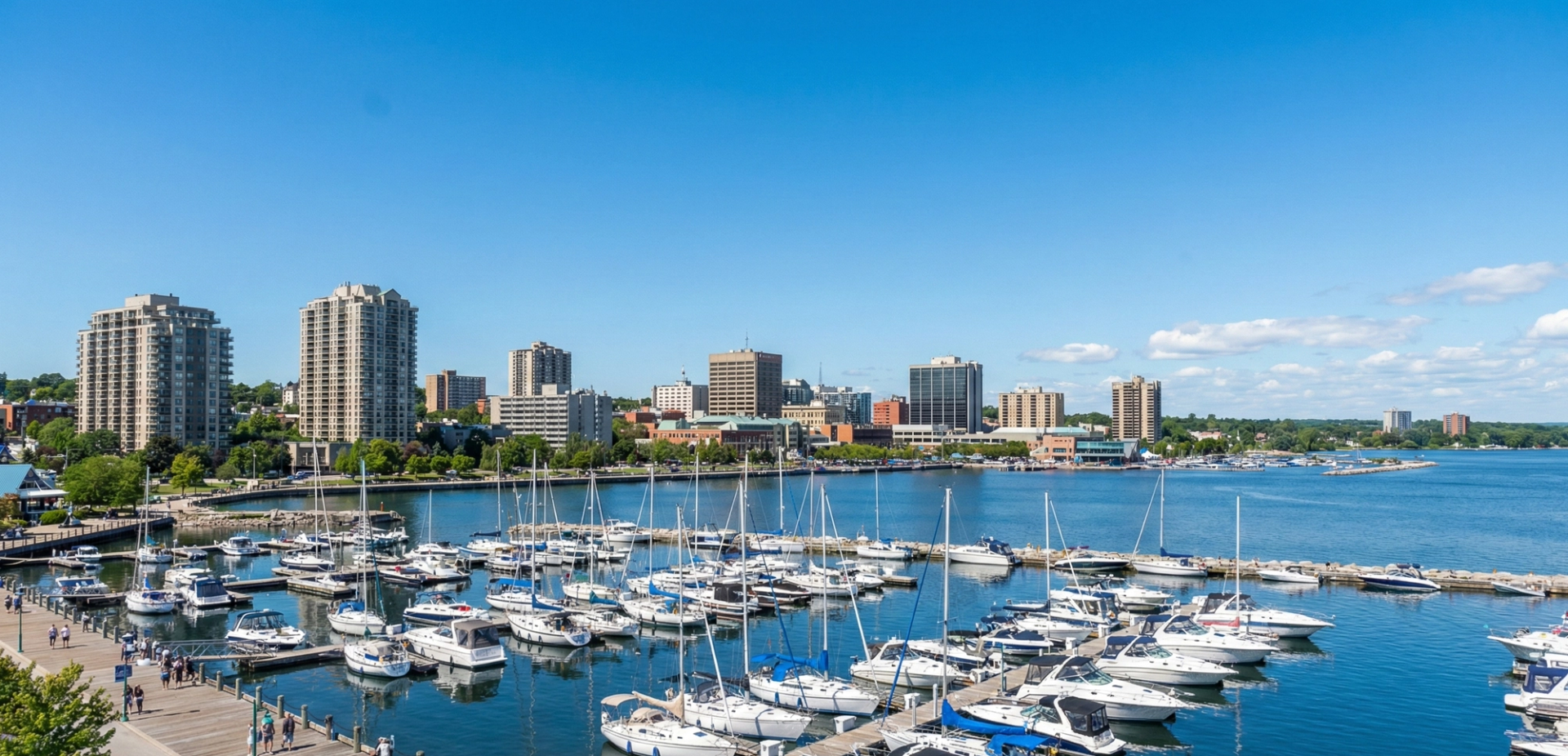 Kempenfelt Bay waterfront in Barrie Ontario with marina boats