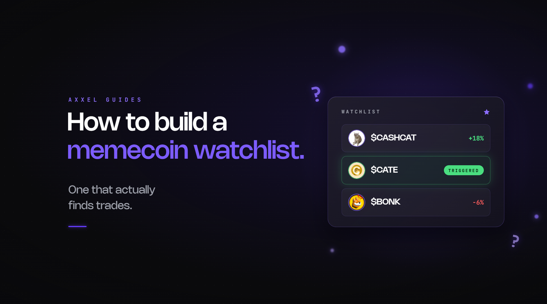 A trading terminal watchlist with a handful of tokens and price alerts set