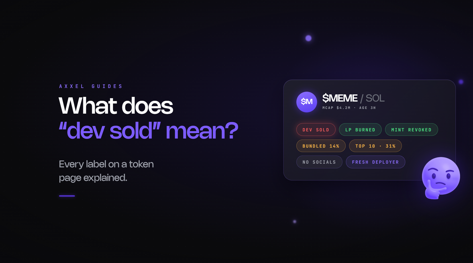 Explanation of dev sold and other token page labels on crypto screeners