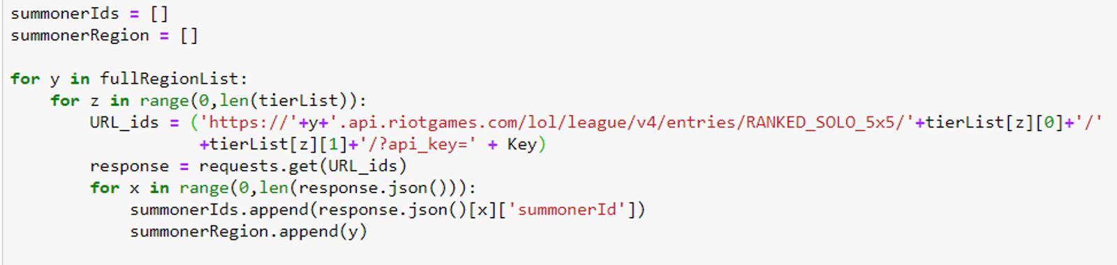 Loop code used to create a randomised list of Summoner IDs