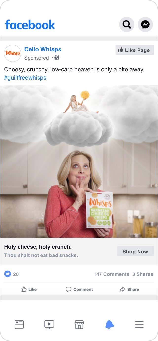 Sponsored Facebook post of a woman with a bag of Whisps and an angel on a cloud over her head - "Cheesy, crunchy, low-carb heaven is only a bite away."