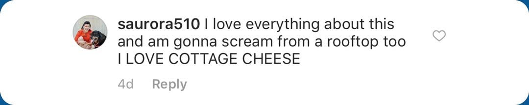 Comment from saurora510: "I love everything about this and am gonna scream from a rooftop too I LOVE COTTAGE CHEESE"