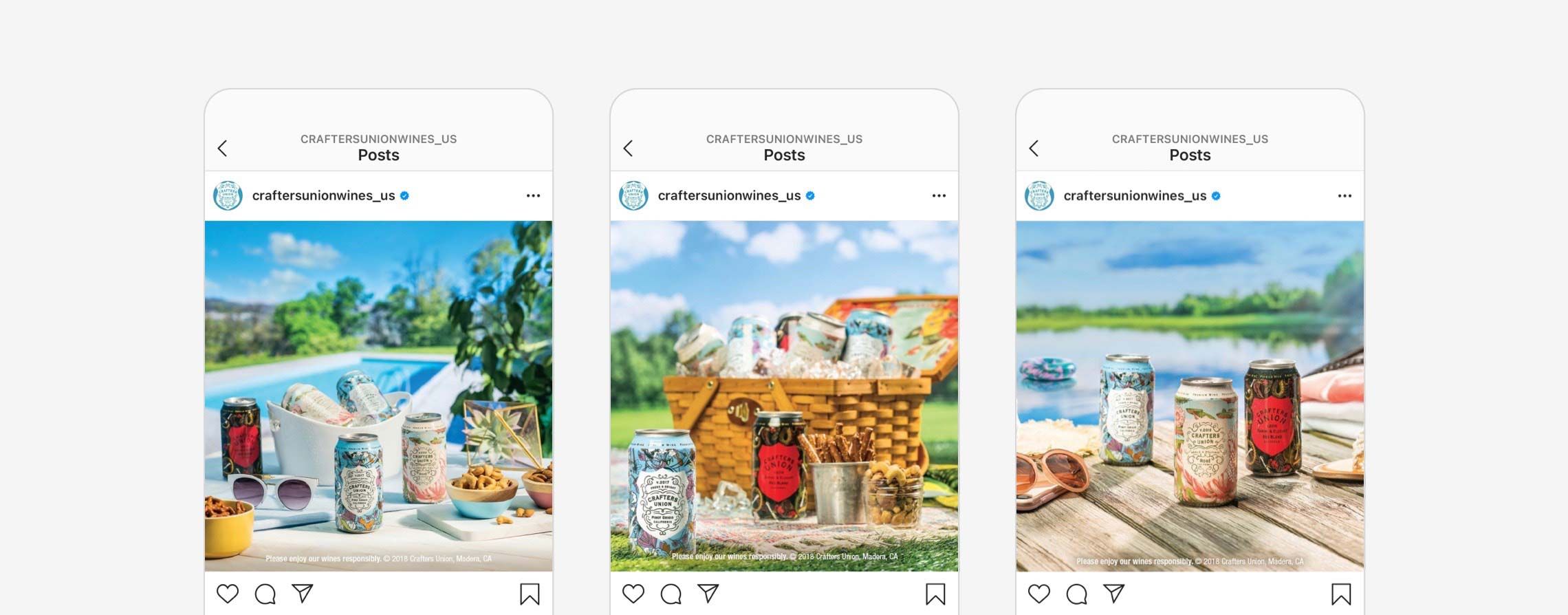 Three different Instagram posts on mobile phones.