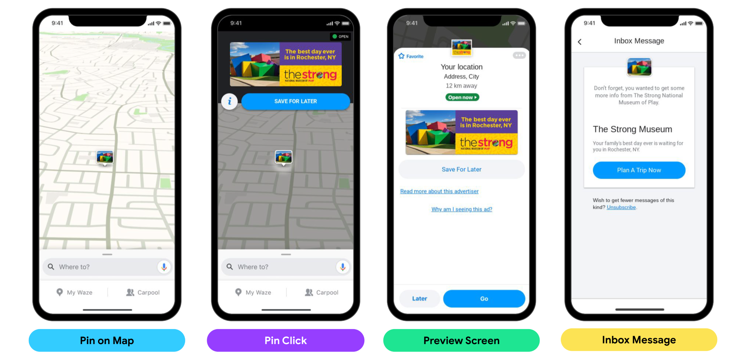 Phones showing how pins, preview screens, and inbox messages look for The Strong National Museum of Play in the Waze app.