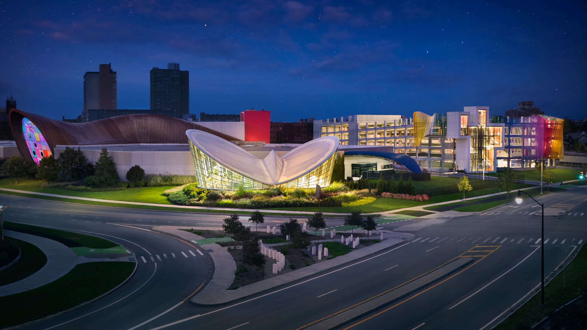 Photograph of the National Museum of Play at night.
