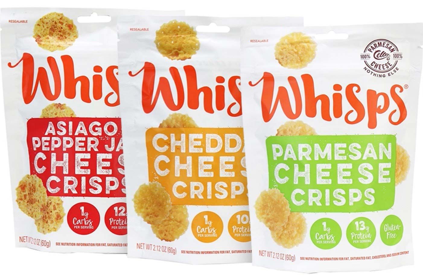 Photograph of three Whisps bags - Asiago Pepper Jack Cheese, Chedder Cheese, and Parmesan Cheese.