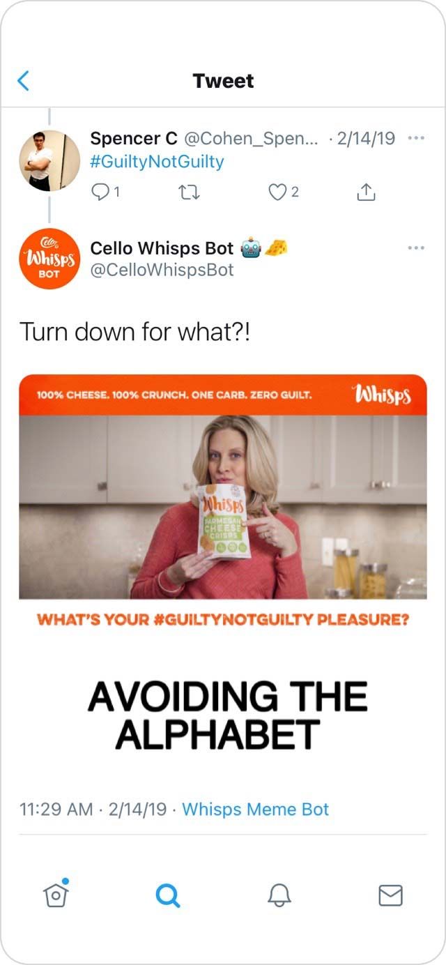 Screenshot of a tweet from Spencer C that just says, "#guiltynotguilty" and a Cello Whisps Bot response that says, "Avoiding the alphabet."