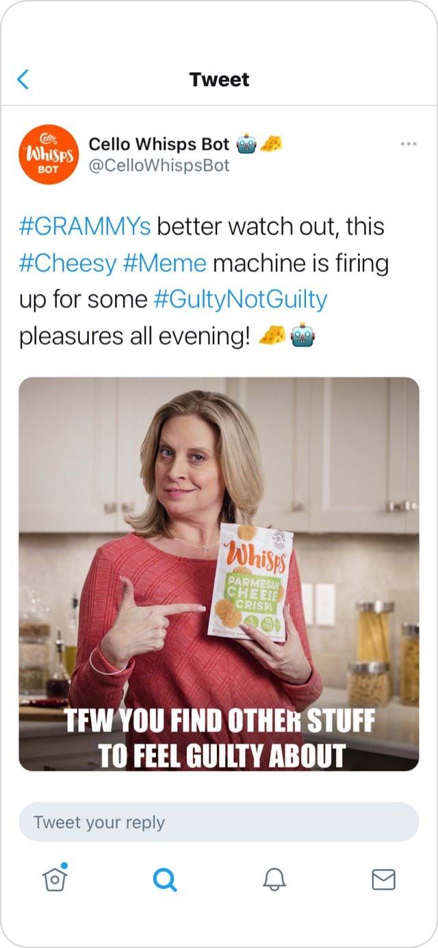 Screenshot of a Cello Whisps Bot tweet, showing an image of a woman holding a bag of Whisps with the text, "TFW you find other stuff to feel guilty about."
