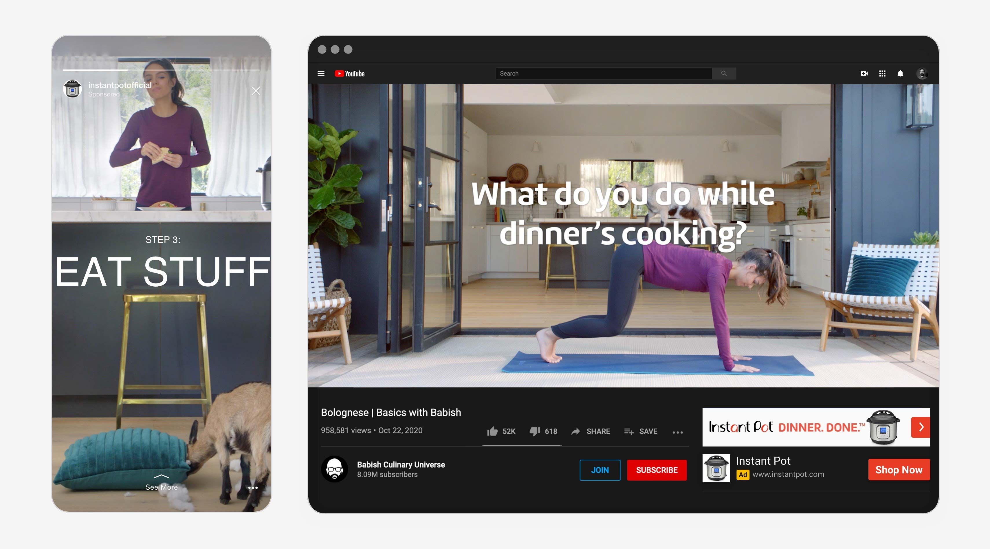 Screen shot showing Instant Pot ads on Instagram and YouTube.