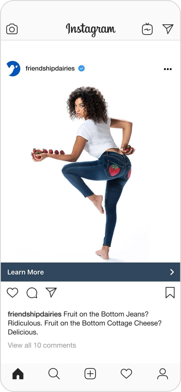 Instagram post featured a woman with strawberries embroidered on her jeans that says, "Fruit on the Bottom Jeans? Ridiculous. Fruit on the Bottom Cottage Cheese? Delicious."