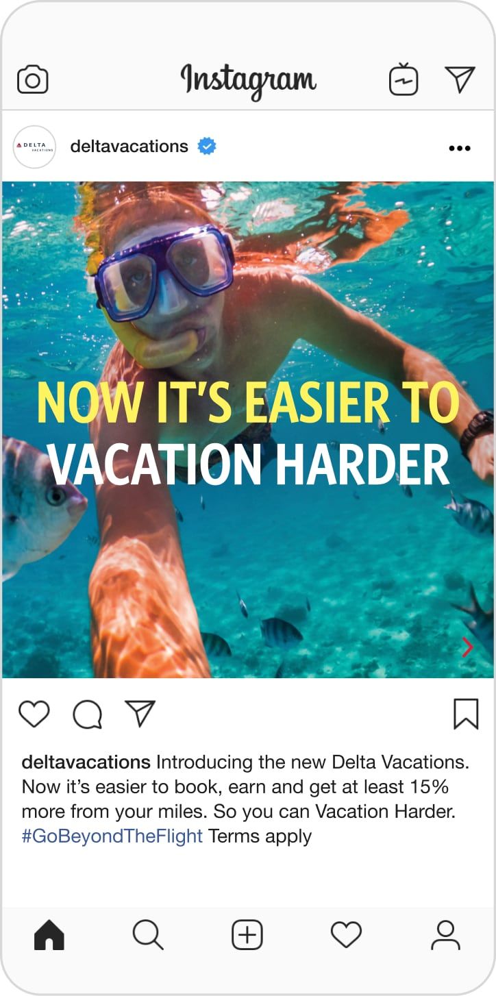 Instagram post of a person snorkeling. It says, "Now it's easier to vacation harder."