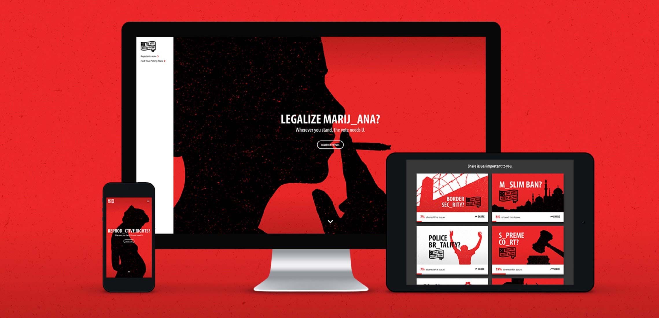 Pictures showing the website on a monitor, tablet, and phone.