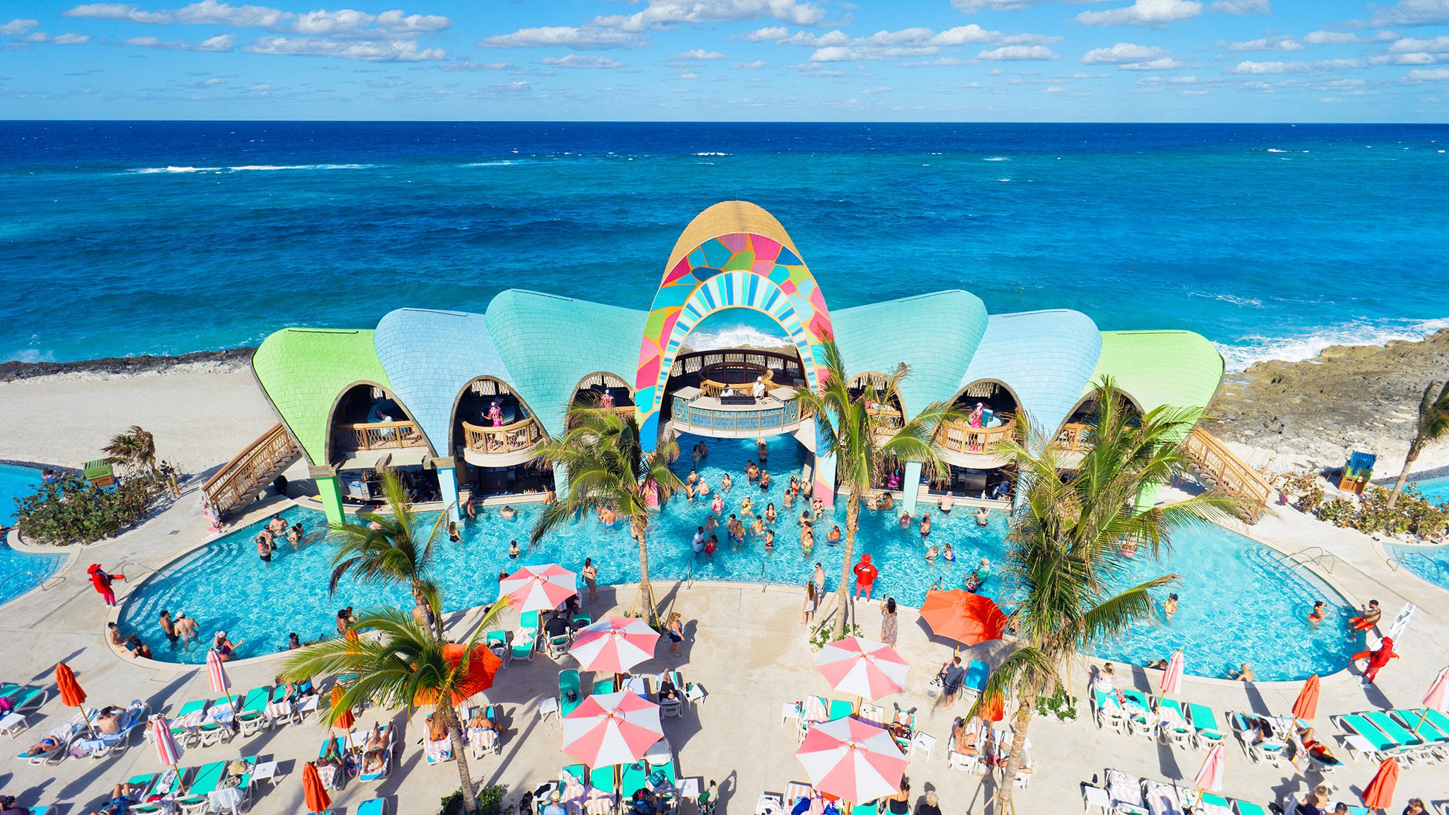 An overhead picture of the Royal Beach Club on Perfect Day Island