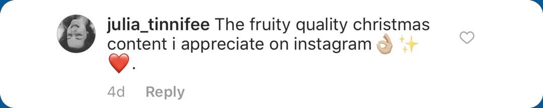 Comment from Julia Tinnifee: "The fruity quality christmas content i appreciate on instagram"