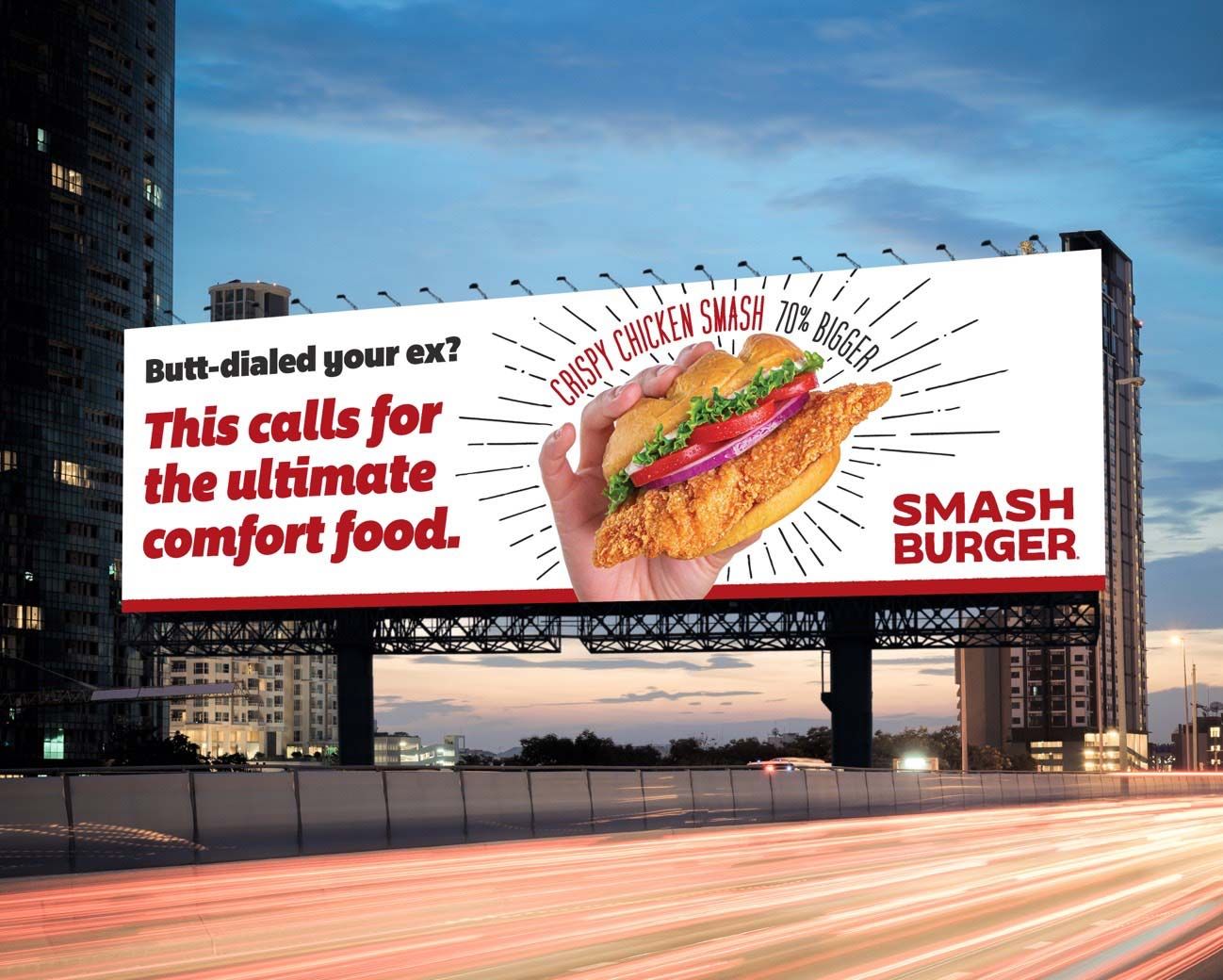 Photograph of a billboard: "Butt-dialed your ex? This calls for the ultimate comfort food."