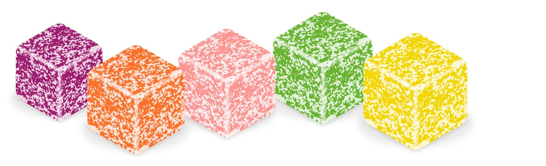 Photograph of five different-colored CBD gummies.