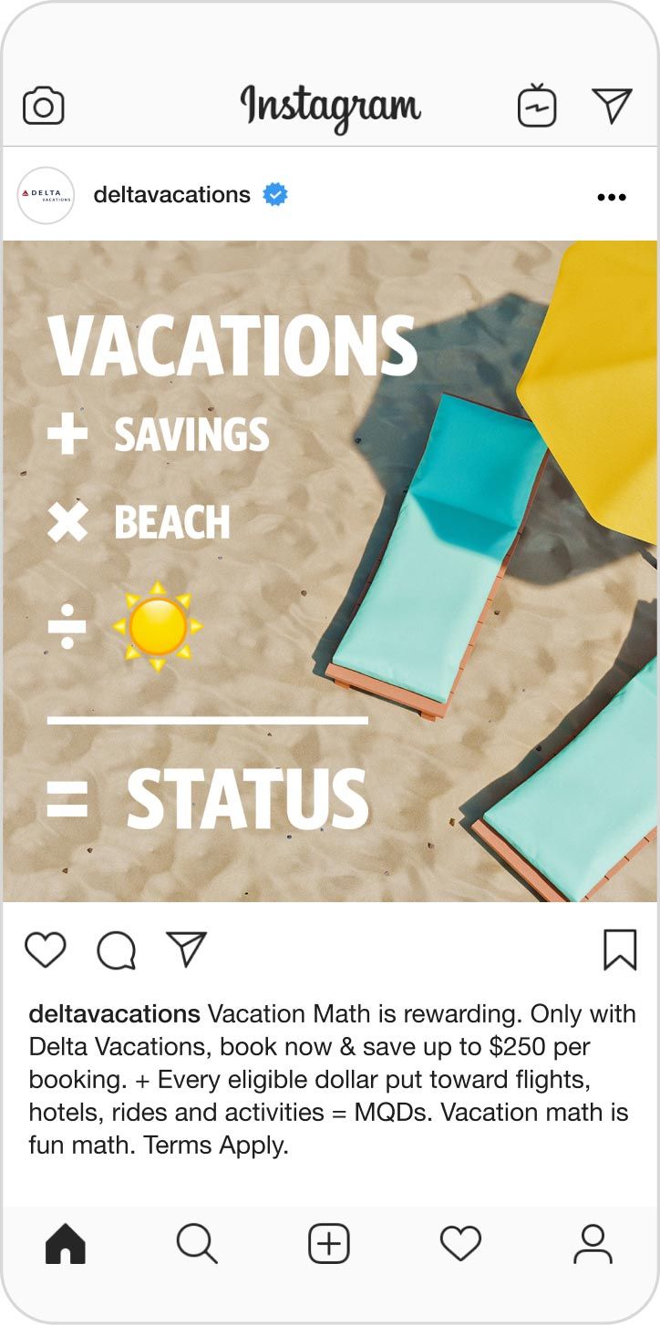 Instagram Post - "Vacations + Savings * Beach / Sun = Status"