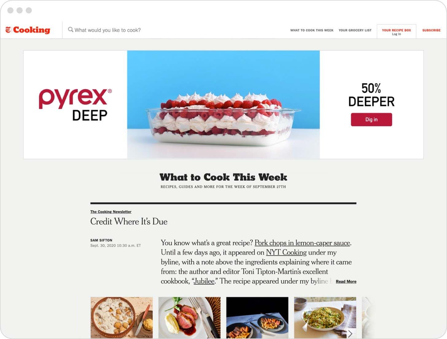 Advertisement in the New York Times: "Pyrex Deep. 50% Deeper."