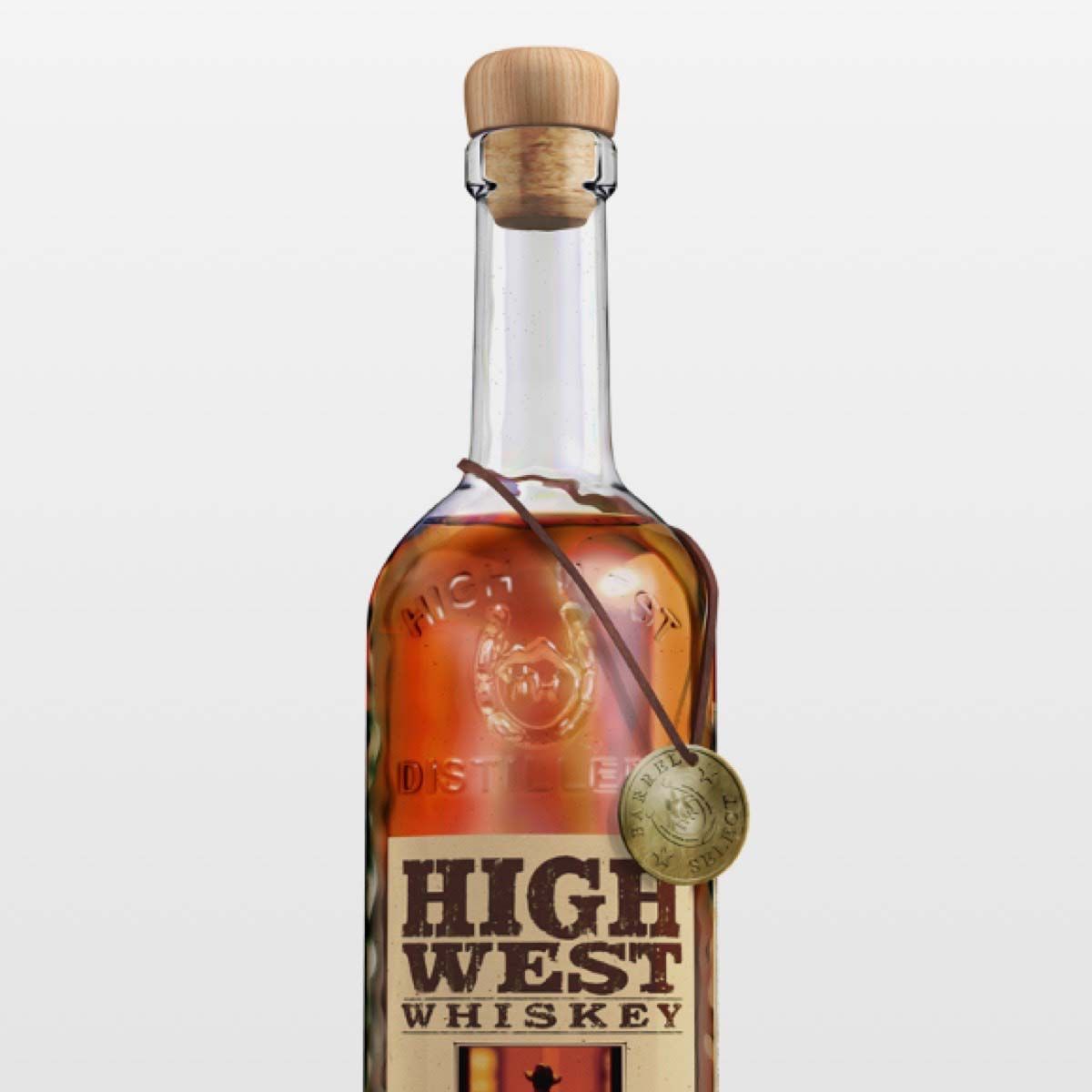 A realistic 3D rendering of a High West Whiskey bottle.