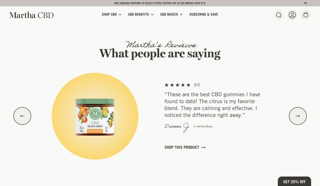 Screen shot of the Martha CBD website, showing user testimonials for a CBD product.