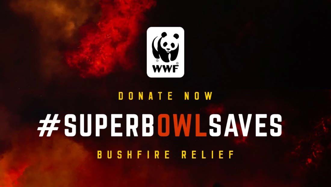 Image of the World Wildlife Federation logo. "Donate now. #superbowlsaves - Bushfire Relief"