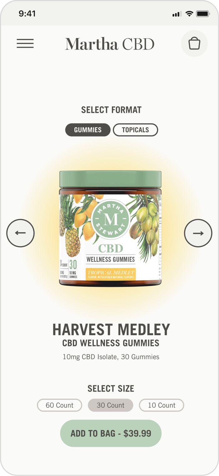 Screen shot of the Martha CBD mobile website, showing the "Harvest Medley" product page.