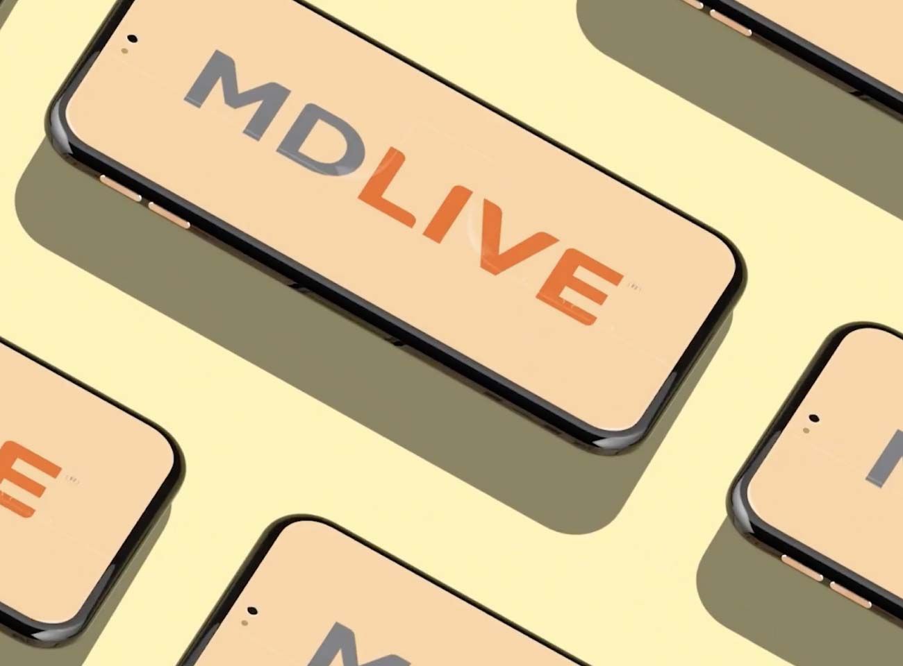 Phones arranged in a grid with the MDLIVE logo displayed on them.