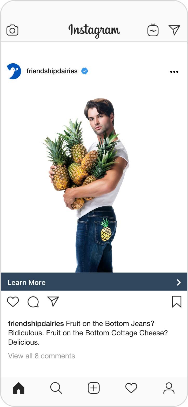 Instagram post featuring a man with pineapples embroidered on his jeans that says, "Fruit on the Bottom Jeans? Ridiculous. Fruit on the Bottom Cottage Cheese? Delicious."