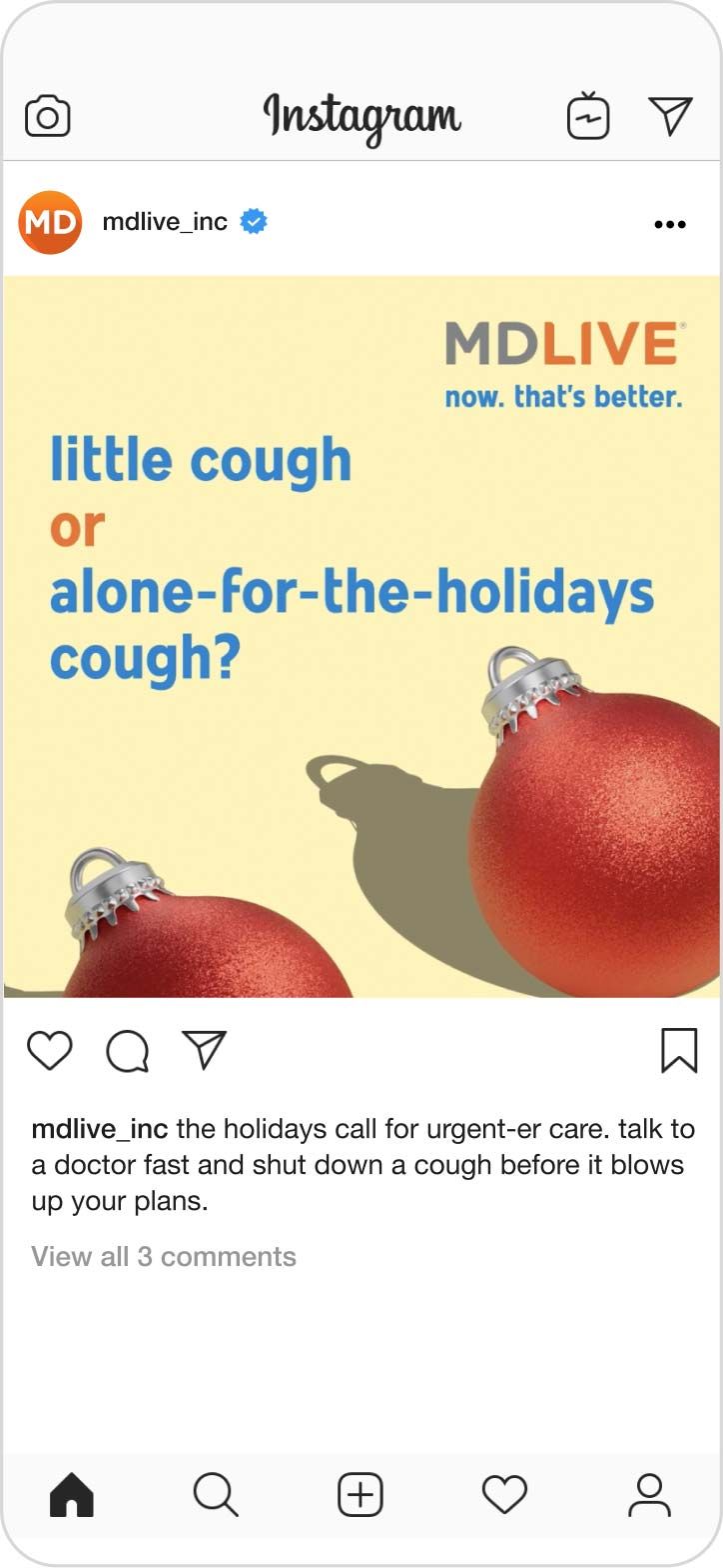 Screenshot of an MDLIVE Instagram post that says, "Little cough, or alone-for-the-holidays cough?"