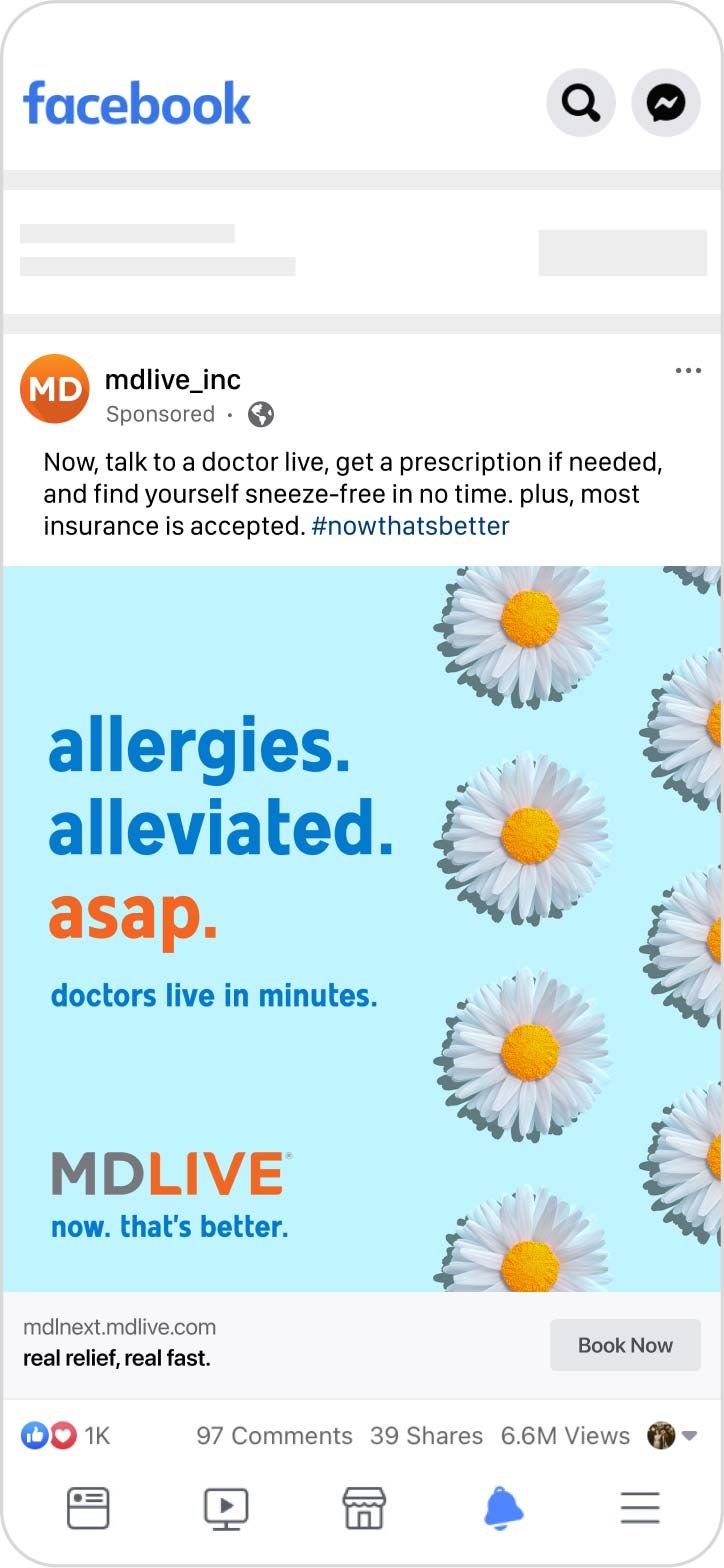 Screenshot of an MDLIVE Instagram post with flowers that says, "allergies. alleviated. asap."