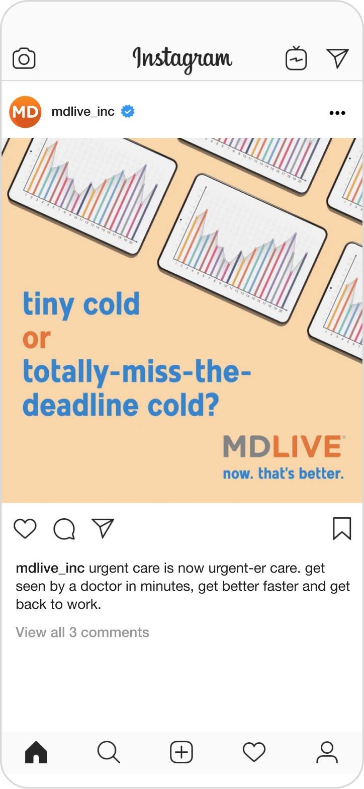 Screenshot of an MDLIVE Instagram post that says, "Tiny cold, or totally-miss-the-deadline cold?"