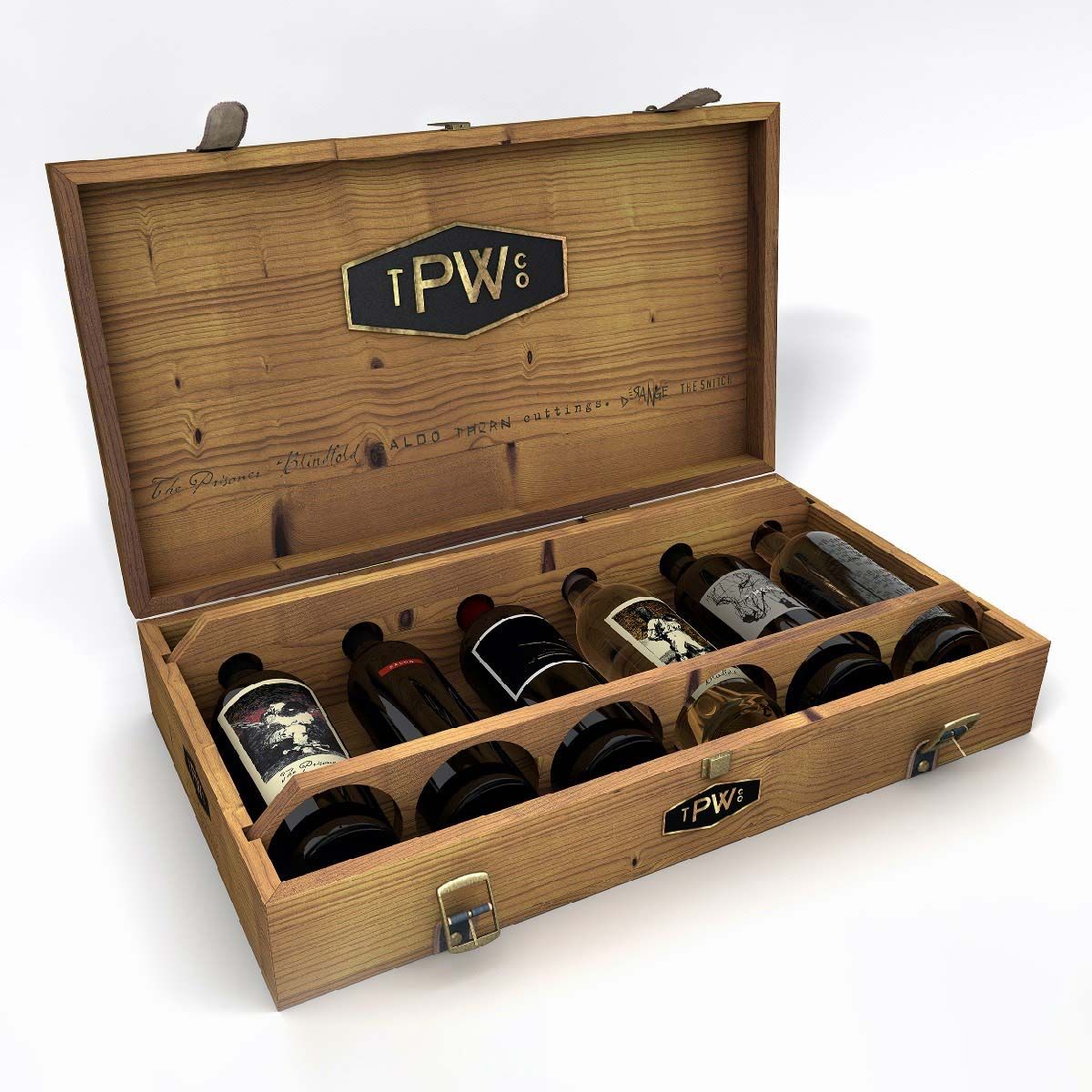A wooden latching box with The Prisoner Wine company logo on it, holding six different bottles of wine inside.