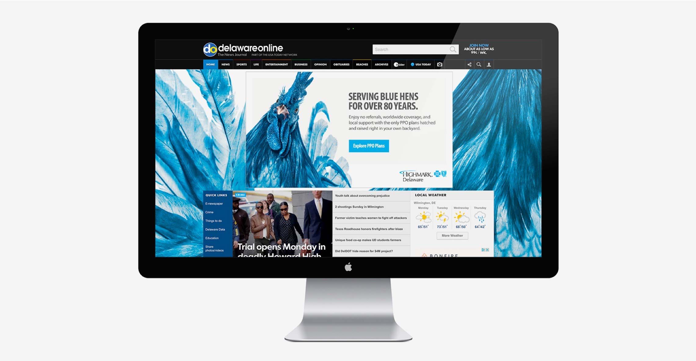 Screenshot of a blue hen takeover ad on the Deleware Online website.