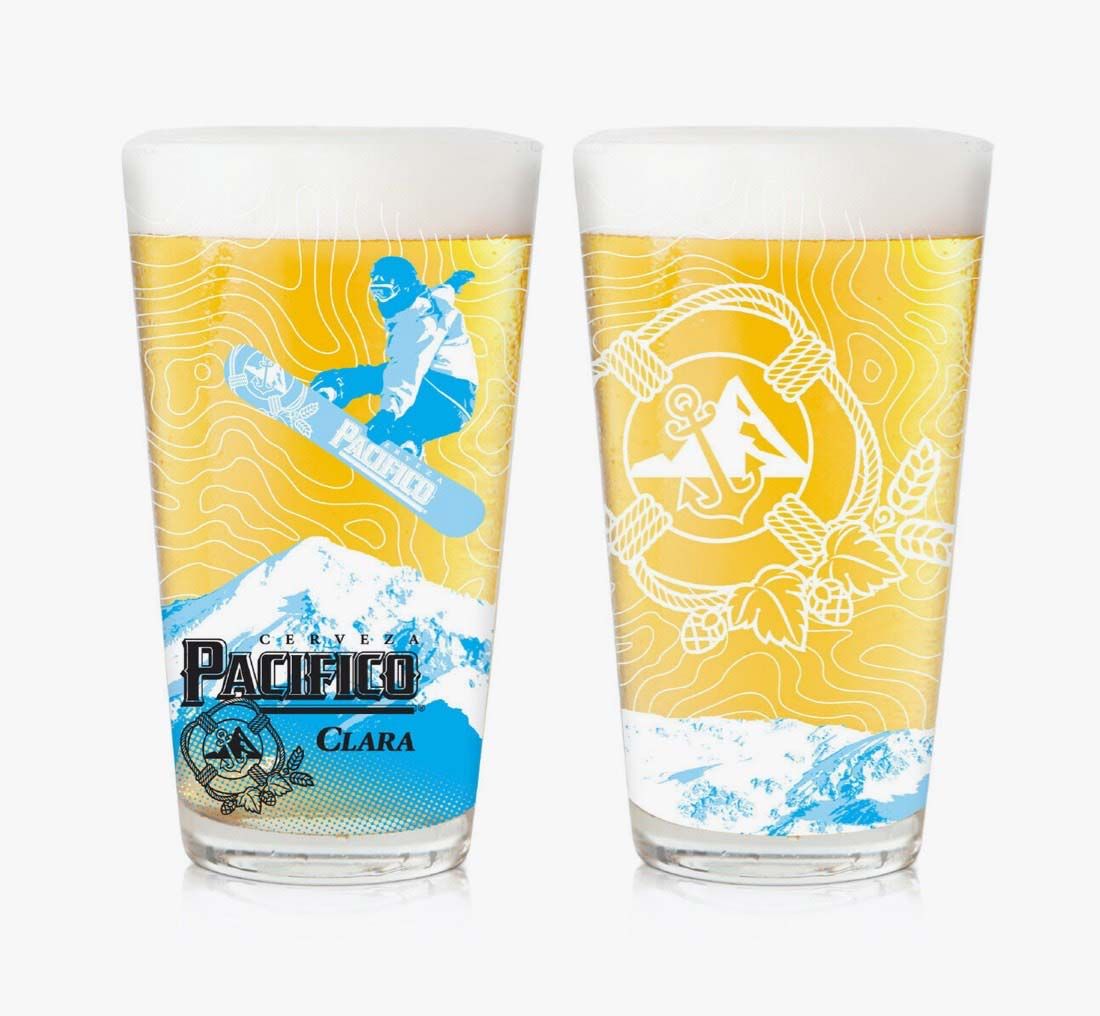 Photograph of Pacifico beer glasses featuring a snowboarder.