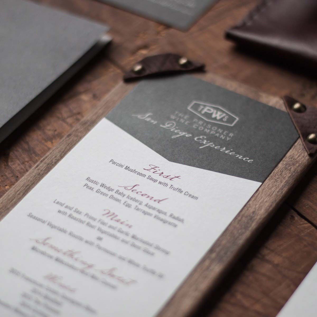 Close-up photograph of the menu from The Prisoner Wine San Diego Experience.