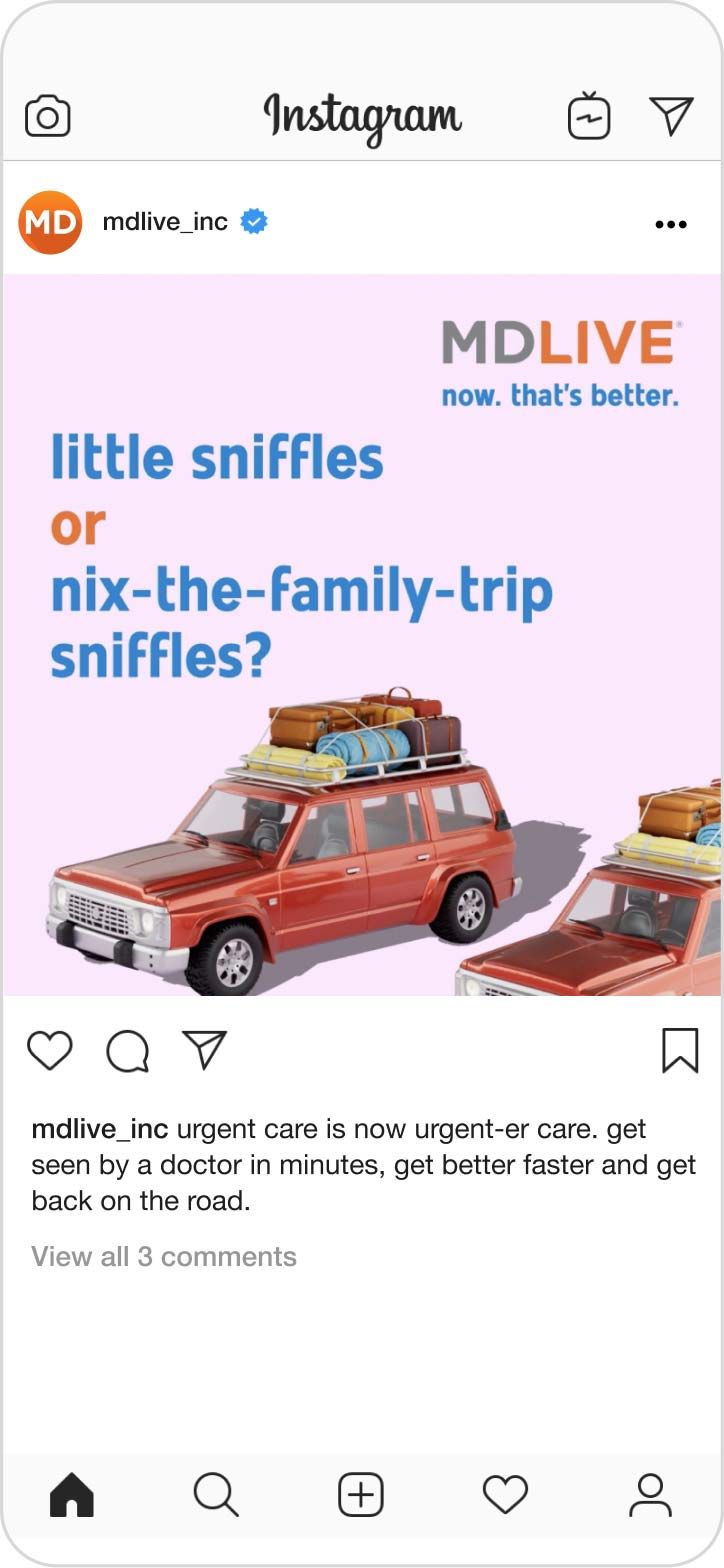 Screenshot of an MDLIVE Instagram post that says, "Little sniffles or nix-the-family-trip sniffles?"