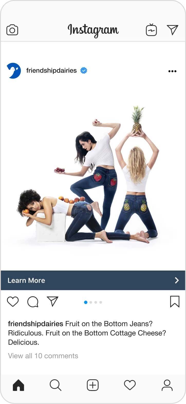 Instagram post featuring three girls with fruit embroidered on their jeans that says, "Fruit on the Bottom Jeans? Ridiculous. Fruit on the Bottom Cottage Cheese? Delicious."