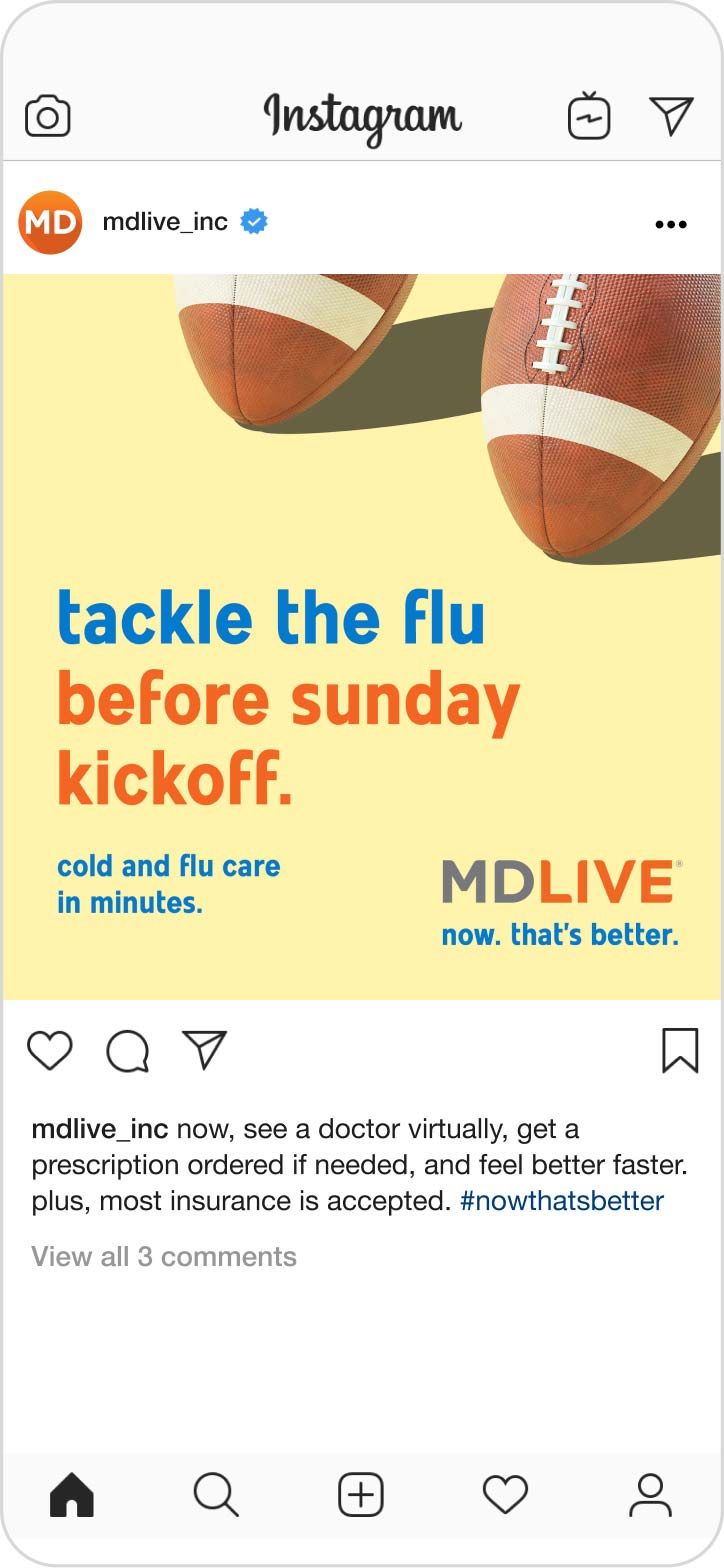 Screenshot of an MDLIVE Instagram post that says, "tackle the flu before sunday kickoff."