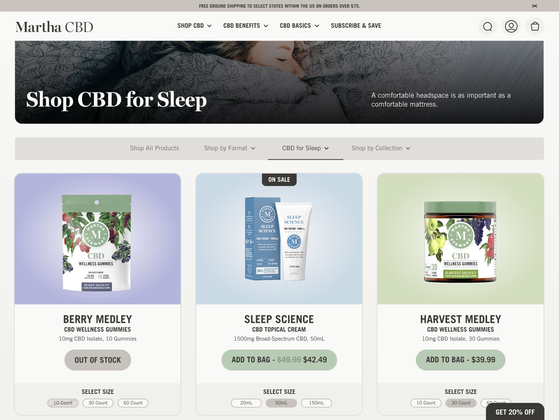Screen shot of the Martha CBD website, showing the "Shop CBD for Sleep" store page.