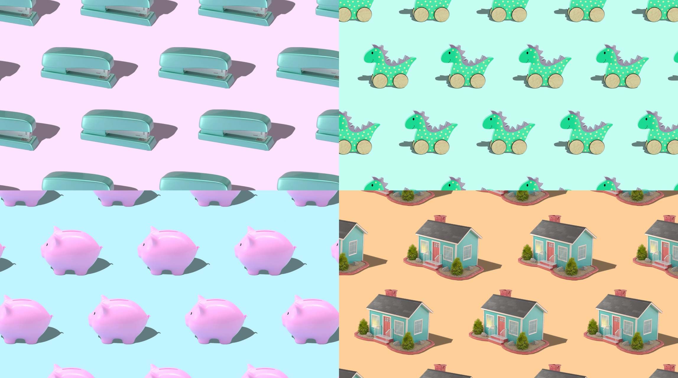 Four different patterns that were designed for this campaign: a repeating stapler, a repeating child's dinosaur toy, a repeating house, and a repeating piggy bank.