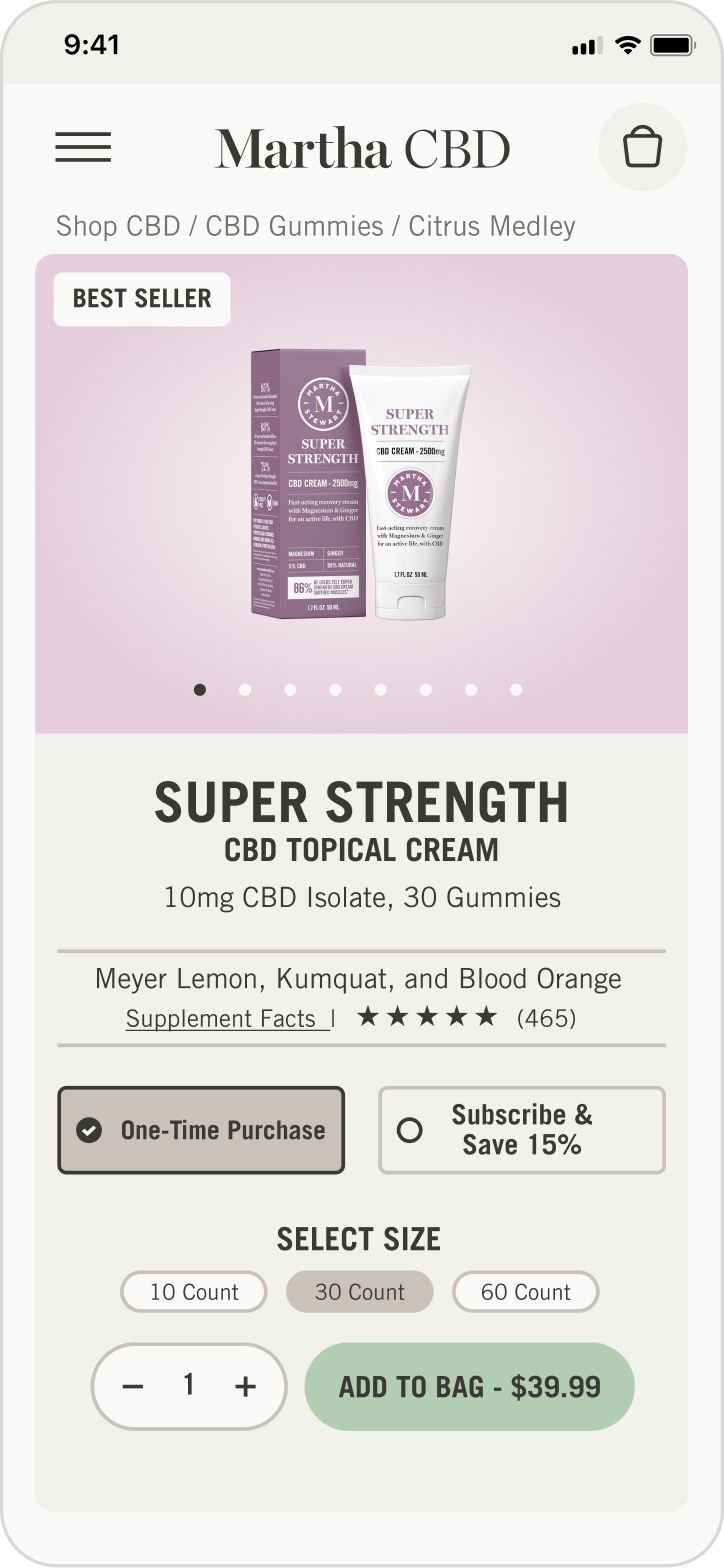 Screen shot of the Martha CBD mobile website, showing the "Super Strength" product page.